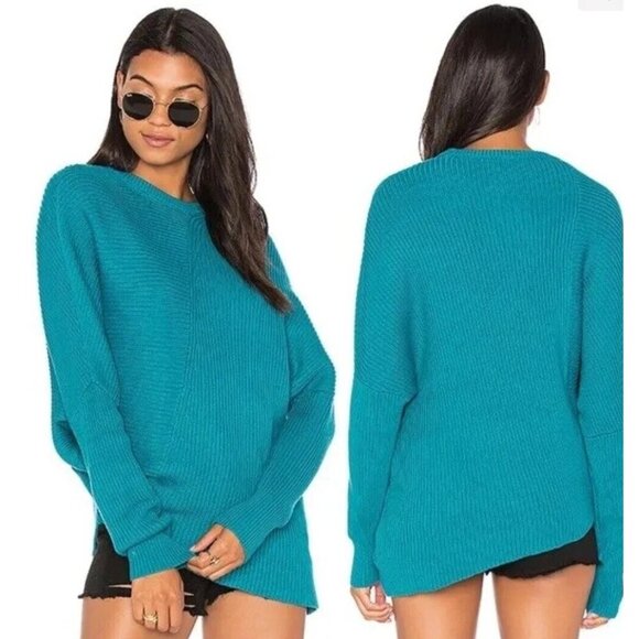 New Free People Downtown Teal Blue Asymmetrical Ribbed Boho Sweater - Picture 1 of 10